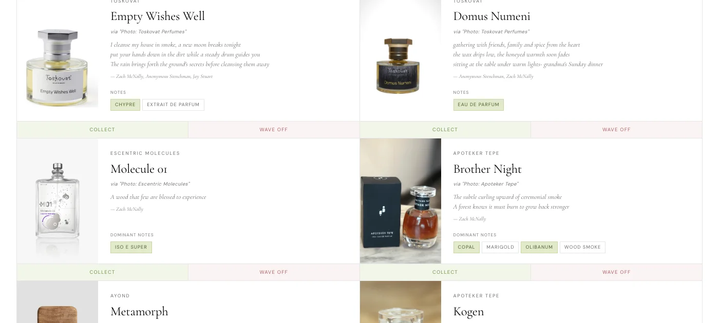 A sample of fragrances and scent poems on ScentSorter